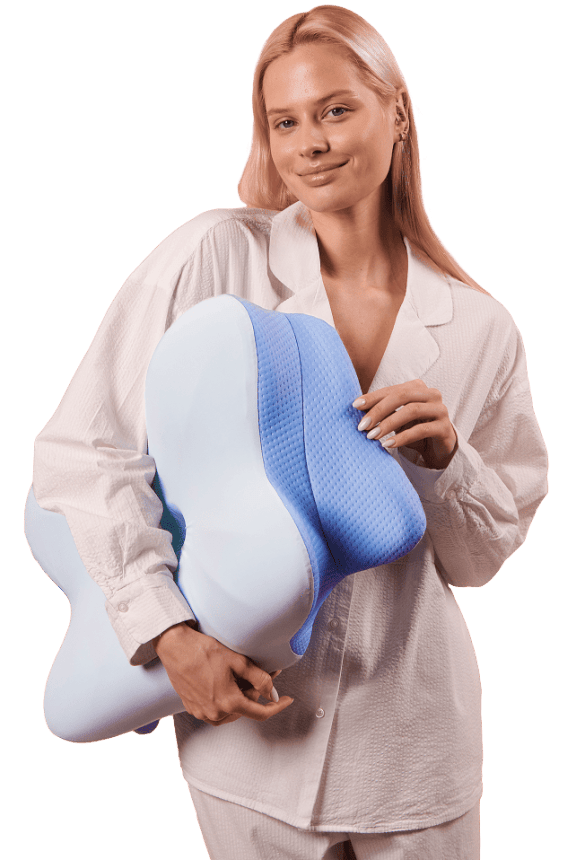 Woman holding the ergonomic support pillow